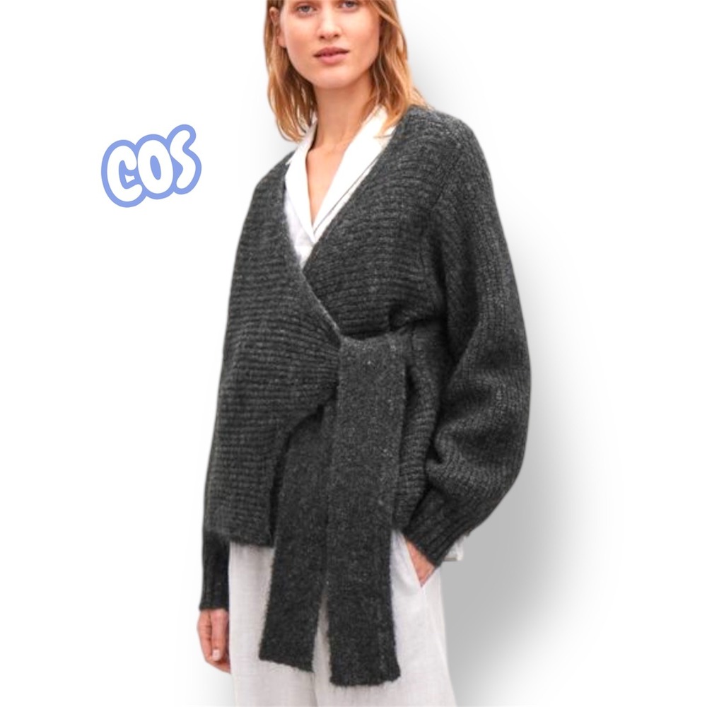 COS Women Charcoal Grey Mohair Wool Blend Wrap Tie Cardigan Sweater Size S A285A - Picture 3 of 13